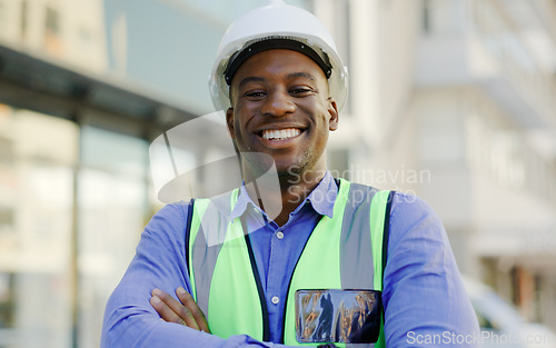 Image of Black man, portrait and construction worker arms crossed, architect or contractor smile with pride. Architecture, infrastructure with urban development and professional engineer outdoor at job site