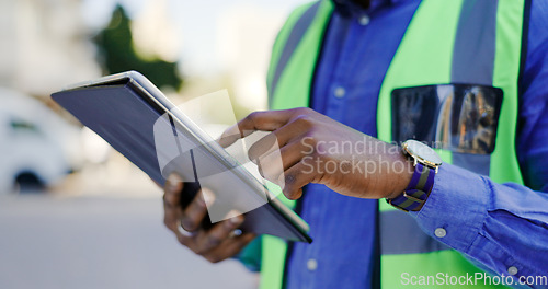 Image of Hands, tablet and person in construction or architect working on floor plan, inspection and maintenance job. Check digital blueprint for architecture project, design software and quality assurance