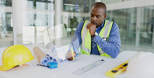 Image of Black man, architect and thinking while drawing blueprint for construction job, engineering and design with developer. Contractor, ideas and architecture project with floor plan and productivity