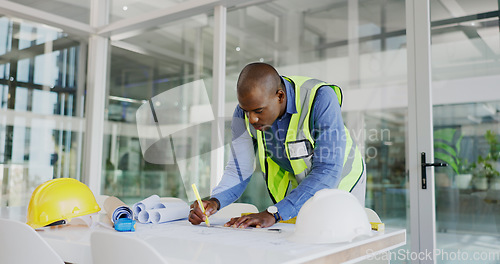 Image of Black man, architect and drawing blueprint for construction job, engineering and design with developer. Contractor, maintenance and architecture project with floor plan, paperwork and productivity