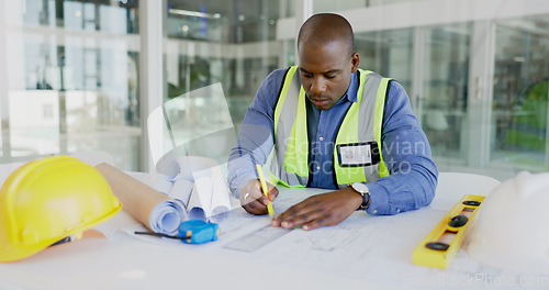 Image of Black man, architecture and drawing blueprint for construction job, engineer and design with developer. Contractor, remodeling and architect working on project floor plan with productivity and sketch