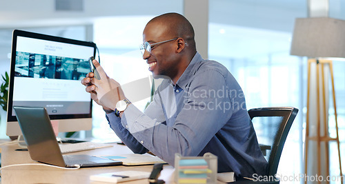 Image of African man, phone and texting in office at investing agency with smile for deal, networking or lead on stock. Happy trader, smartphone and black business owner with reading email notification on web