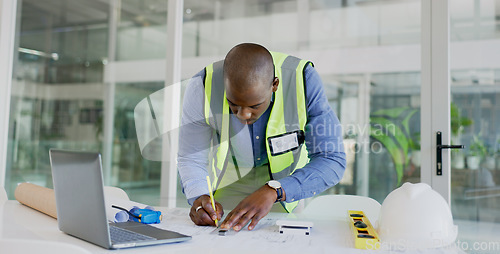 Image of Architecture man, drawing and blueprint planning, construction and project development or renovation on laptop. Engineering contractor or african designer for online floor plan, lines or sketch tools