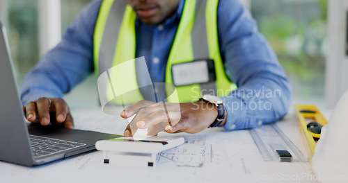 Image of Hands, laptop and calculator for architecture, blueprint planning blueprint and numbers, math and design safety. Engineering designer, builder or person typing on computer for floor plan ratio check