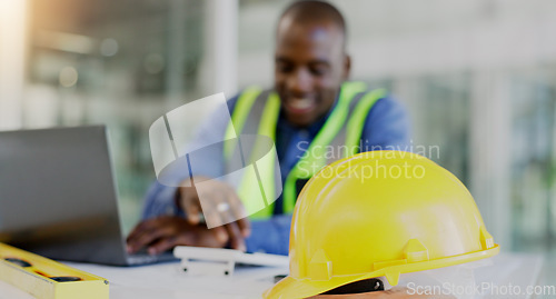 Image of Man, calculator and helmet for architecture, blueprint planning and happy with ratio, numbers or development in office. Engineering designer, industry worker or person with floor plan tools or safety