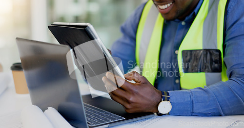 Image of Tablet, computer and hands for architecture, planning and blueprint development or building update or progress. Happy contractor, man or designer on digital technology for floor plan or engineering