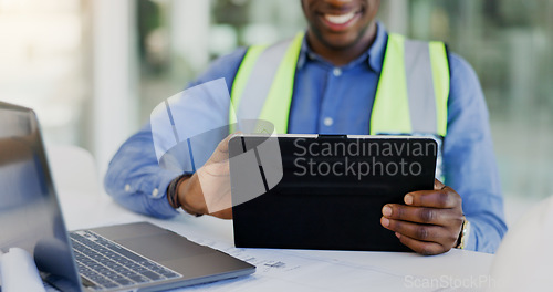 Image of Tablet, laptop and hands for architecture, blueprint and renovation or building development and online progress. Happy contractor, person or engineering designer on digital technology for floor plan