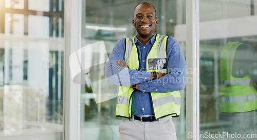 Image of Black man, and arms crossing with reflector, real estate development and property design or career. Portrait, architecture and engineering professional in office, confident and project management