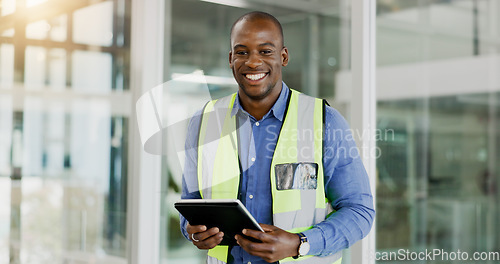 Image of Black man, architect and tablet with reflector, real estate development and property design or career. Portrait, architecture and engineering professional in office, confident and project management