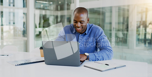 Image of Business man, laptop and happy in office for finance, budget report and revenue proposal, taxes review or bookkeeping. Professional african worker on computer for online accounting, audit or planning