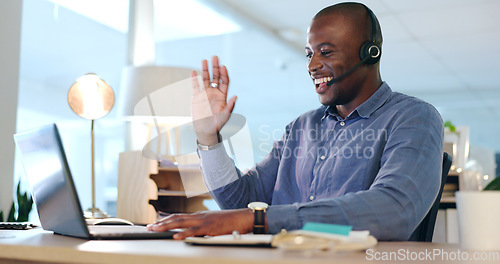 Image of Happy black man, laptop and wave in video call, virtual or online business meeting at office. African male person, consultant or sales agent smile for hello, communication or networking at workplace