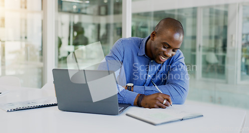 Image of Business man, writing and planning on computer for financial career notes, information and reminder in office. Professional african accountant on laptop and notebook for happy ideas and brainstorming