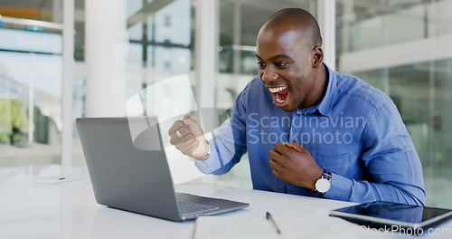 Image of Business man, winner and computer for success, winning and goals of stock market increase, sales or profit. Professional african trader with yes and wow for email news or trading on laptop in office