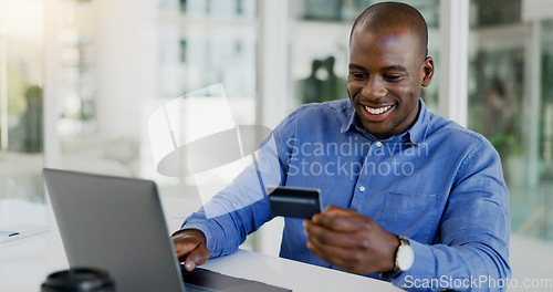 Image of Business man, credit card and laptop for office online shopping, e commerce payment and happy loan. African employee on computer for web banking, financial investment or registration for debit order