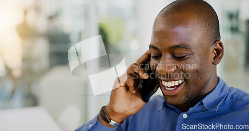 Image of Man, laughing and phone call with client, communication and office for discussion, chat and networking. Civil engineer, conversation and happiness with project, progress and planning business mockup