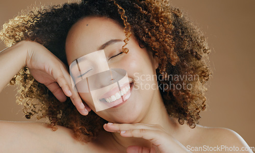 Image of Happy model, natural beauty or smile for wellness in studio with confidence, eyes closed or skin glow. Face, proud woman or healthy biracial female person with skincare results on brown background