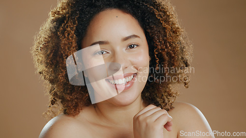 Image of Face of happy woman, natural beauty dermatology and cosmetic wellness in studio with smile. Skin glow, portrait or confident biracial female model with skincare results or pride on brown background