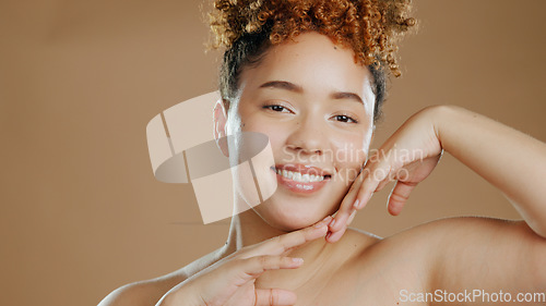 Image of Portrait of happy woman, natural beauty dermatology and cosmetic wellness in studio with smile. Skin glow, cosmetics or confident biracial female person with skincare mockup space on brown background