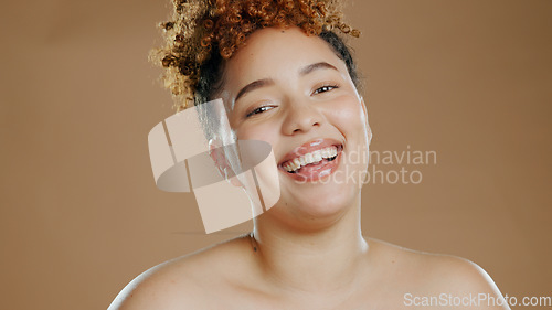 Image of Face, skincare and beauty of happy woman in studio isolated on a brown background. Portrait, smile of model and natural cosmetics in spa facial treatment, wellness and healthy skin for dermatology