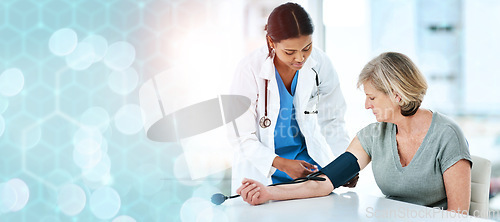 Image of Healthcare, doctor and patient with blood pressure on banner, bokeh and heart for mock up for medicine. Help, medical professional or exam for consultation, diagnosis or treatment at hospital