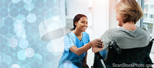 Image of Patient with disability, nurse and discussion in hospital for healthcare, wellness and medicare. Medical professional, bokeh and overlay in mockup, marketing and advertising for trust in advice