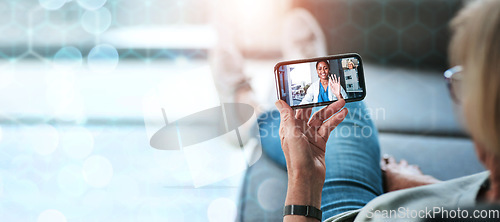 Image of Phone, wave and video call of doctor on banner for webinar, meeting or bokeh on grid overlay. Mobile, hello and medical professional in online consultation, telehealth or happy woman greeting patient