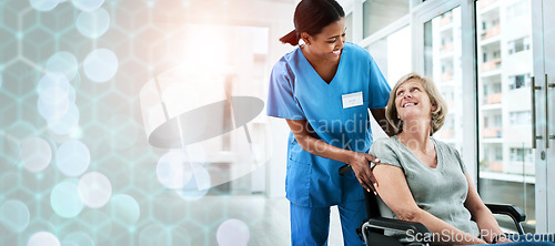 Image of Mature woman, nurse or person with disability in hospital, patient or smile for help, support or care. Medical, health or professional for checkup, wheelchair or friendly with bokeh, clinic or job