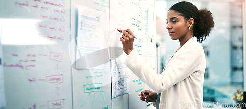 Image of Business woman, writing and whiteboard in planning, brainstorming or corporate strategy at office. Female person or employee in project plan, ideas or tasks for agenda, schedule or notes at workplace