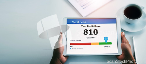 Image of Person, hands and tablet with good credit score in finance, banking or investment above on mockup at office. Top view of employee with technology screen for budget planning or financial management