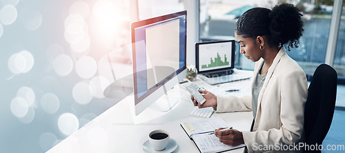 Image of Computer, banner and woman with a smartphone, finance and planning with lens flare, trading and investment. Person, accountant or consultant with pc, screen and cellphone with stock market and budget