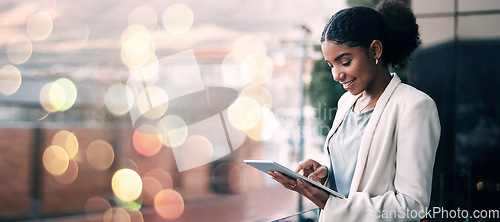 Image of Tablet, space and double exposure with a business black woman in the office at night for research. Smile, technology and a happy young professional employee on mockup flare for corporate planning