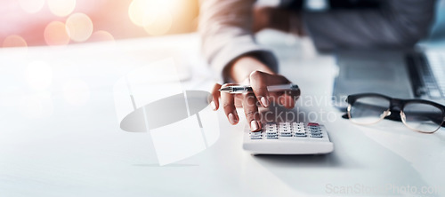 Image of Person, hand and calculator for finance, budget planning or accounting audit on mockup at office. Closeup of accountant or employee in financial management, profit or expenses on bokeh background