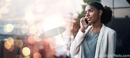 Image of Business, banner and woman with conversation, phone call and accountant with communication, connection and speaking. Person, entrepreneur and investor with a smartphone, digital app and discussion