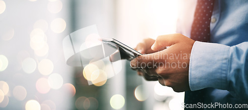 Image of Man, smartphone and texting with hands, office and networking for corporate, business and employee. Trader, communication and reading news while networking, web browsing and digital strategy search