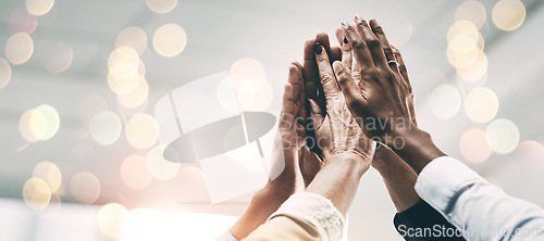 Image of Closeup, high five and business people with teamwork, hands and achievement with mission, support and cooperation. Staff, group and corporate professionals with meeting, banner and partnership