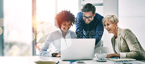 Image of Business people, laptop and meeting in planning, teamwork or coaching for project on bokeh background at office. Group of happy employees working on computer for schedule plan, ideas or team strategy