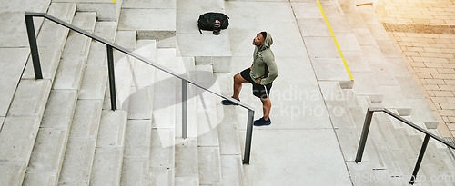 Image of Tired black man, stairs and fitness on break from running, exercise or outdoor workout in city. Banner of African male person, athlete or runner in rest, recovery or training on steps in urban town