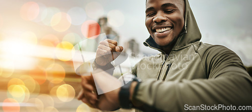 Image of Black man, smart watch and hand for fitness, training or exercise performance with bokeh for personal trainer. Athlete, person or stopwatch or timer for progress update, steps or results for wellness