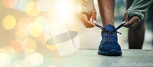 Image of Fitness, hands and tie shoes on stairs for workout or exercise outdoor in the morning with bokeh and mockup. Training, athlete and runner getting ready for cardio, sports or challenge for wellness