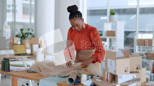 Image of Fashion logistics, designer and black woman with box for clothing brand, texture and pattern in workshop. Retail, boutique and person with material for creative startup, small business and store