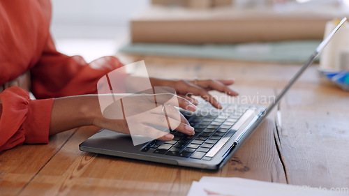 Image of Closeup, business and woman with a laptop, typing and connection with planning, network and internet. Pc, person and employee with website info, workplace and research with online sales and update