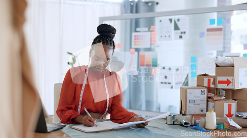 Image of Fashion, designer and black woman with checklist for delivery, logistics and ecommerce in workshop. Retail, boutique and person with boxes for creative startup, small business and supply chain