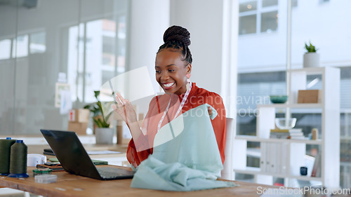 Image of Fashion, designer and black woman on video call on laptop with fabric, pattern and material for client. Communication, workshop and person on computer for creative startup, small business or boutique