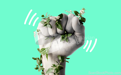 Image of Fist, climate change and protest for support with leaves, ecology art or sustainability by green background. Hand, plants and power with opinion for accountability, carbon footprint or global warming