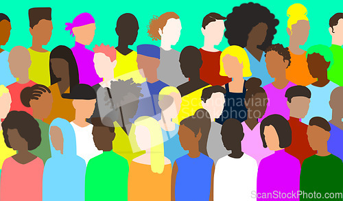 Image of Diversity, freedom and equality with a group of people together in a crowd or audience as a poster. Peace, community or human rights with an image of different men and women on a color backdrop