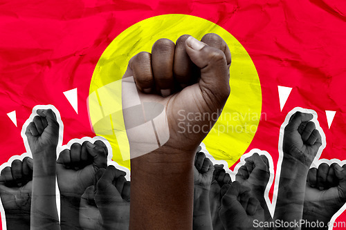 Image of Fist, protest and fighting for human rights with people on a red background together to rally a crowd. Hands, power and equality with an adult group at a march for freedom, justice or change