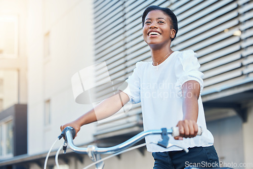 Image of Happy, city and a black woman with a bike for travel, weekend fun or sustainable transport. Smile, thinking and a young African girl with transportation or a bicycle for a carbon neutral commute