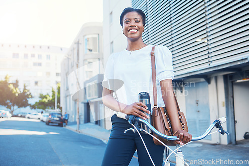 Image of Black woman, bicycle commute and road in city with sustainability travel, ride and morning with smile. Happy worker, female professional and employee with bike outdoor with in a street in town