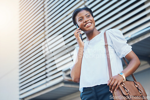 Image of Phone call, walking and young woman in city with communication, discussion or networking. Happy, technology and African female person on mobile conversation with cellphone commuting in town street.