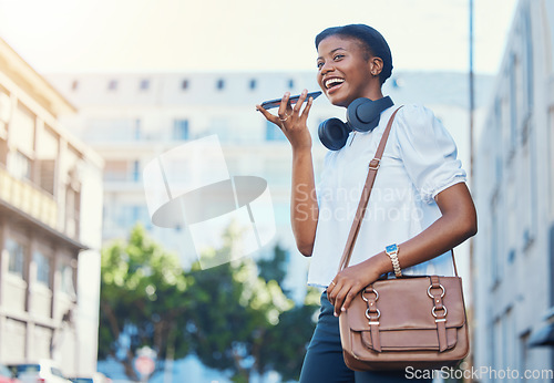 Image of Phone call, speaker and young woman in city networking for communication, discussion or conversation. Happy, voice recognition and African female person recording message on cellphone walking in town